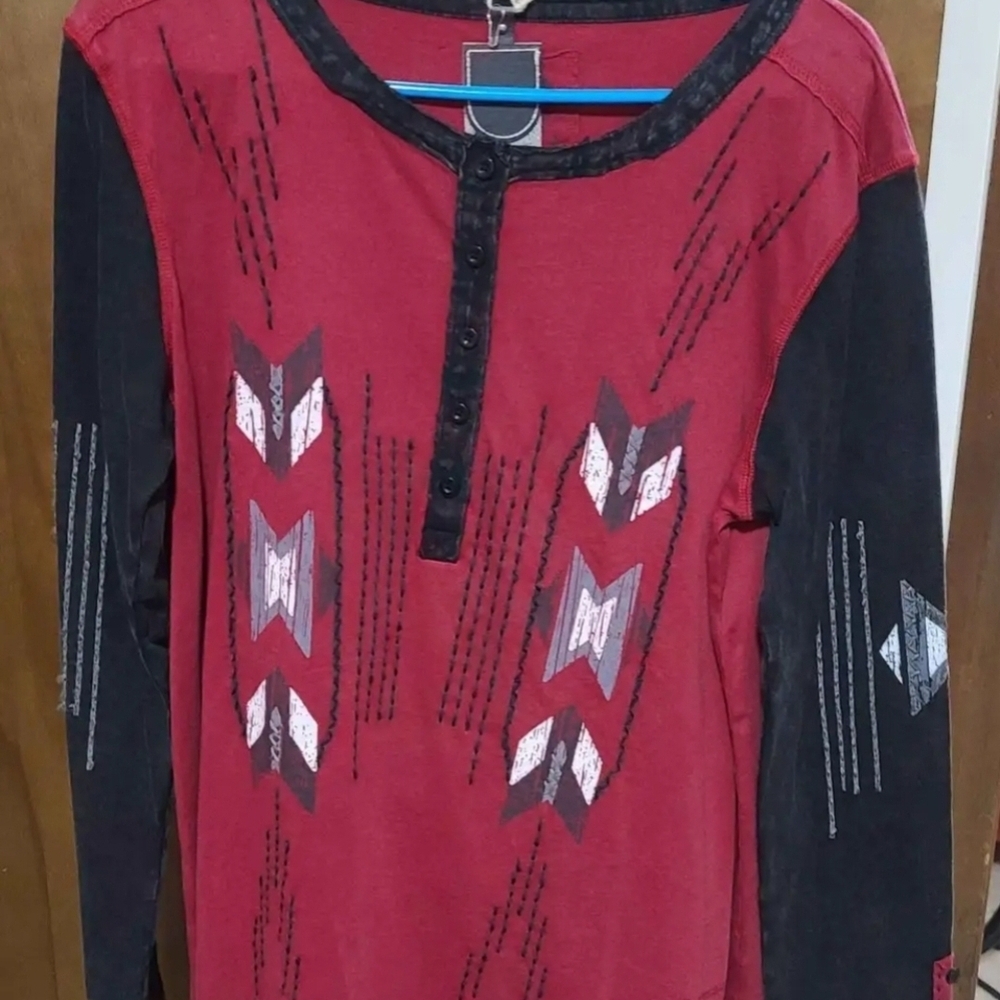 **SOLD! Red and Black Long Sleeve Shirt with Geometric Patterns